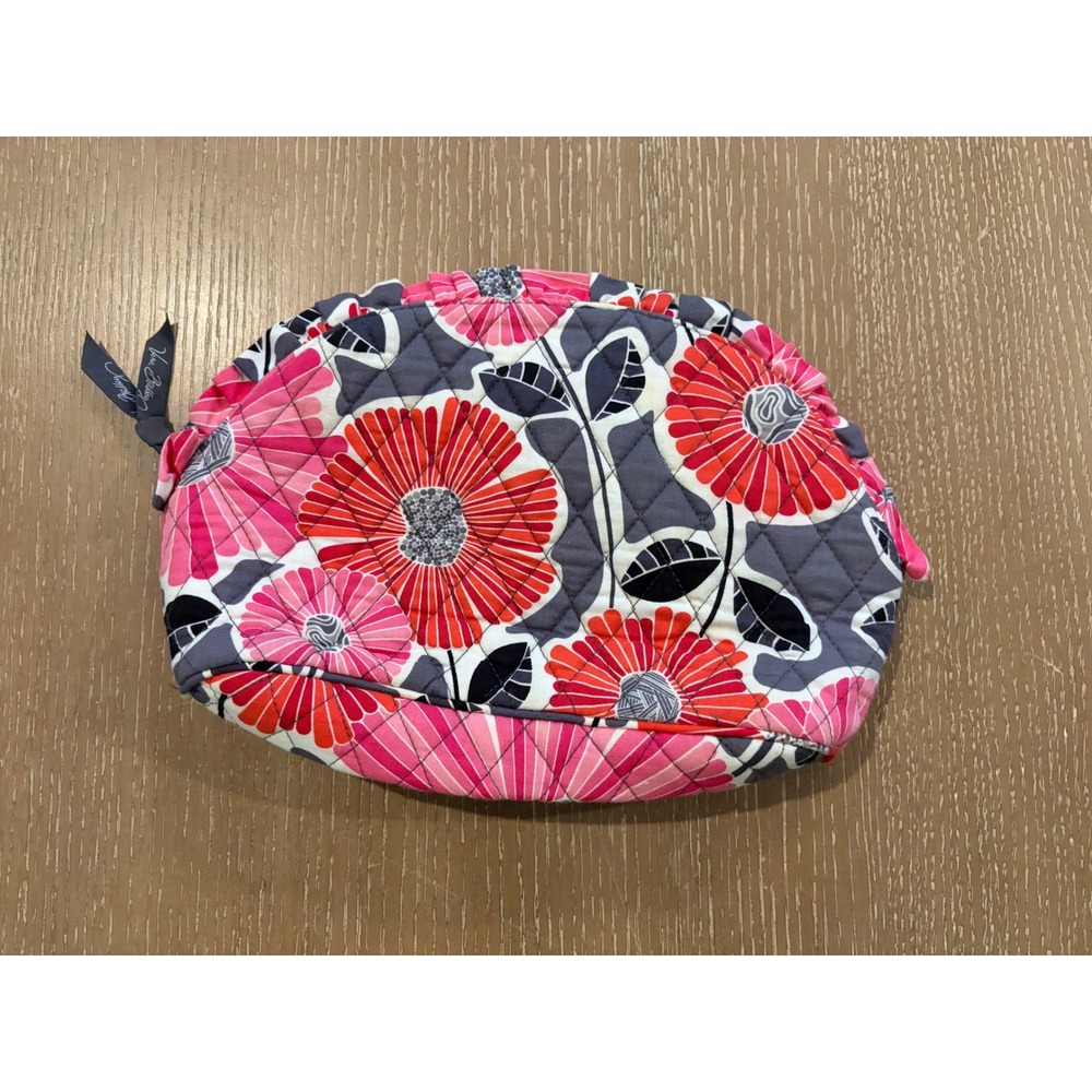 Vera Bradley Cherry Blossoms Ruffled Zip Around Cosmetic Bag Pink Grey Floral